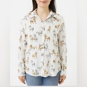 Jane and Delancey Blouse Botton-Down White Horse Print Top Long Sleeve Size M